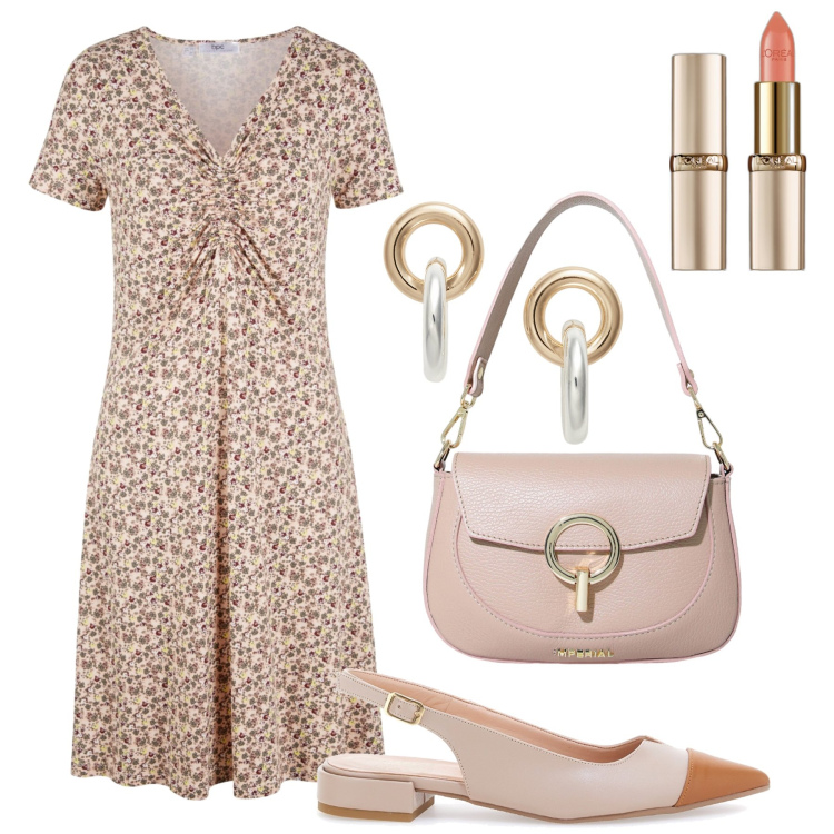 Outfit donna - Domenica colazione in città. Stile Bon Ton per Tutti i giorni. Abbinamento con vestiti midi/longuette, rossetti, borse a spalla, orecchini, ballerine.