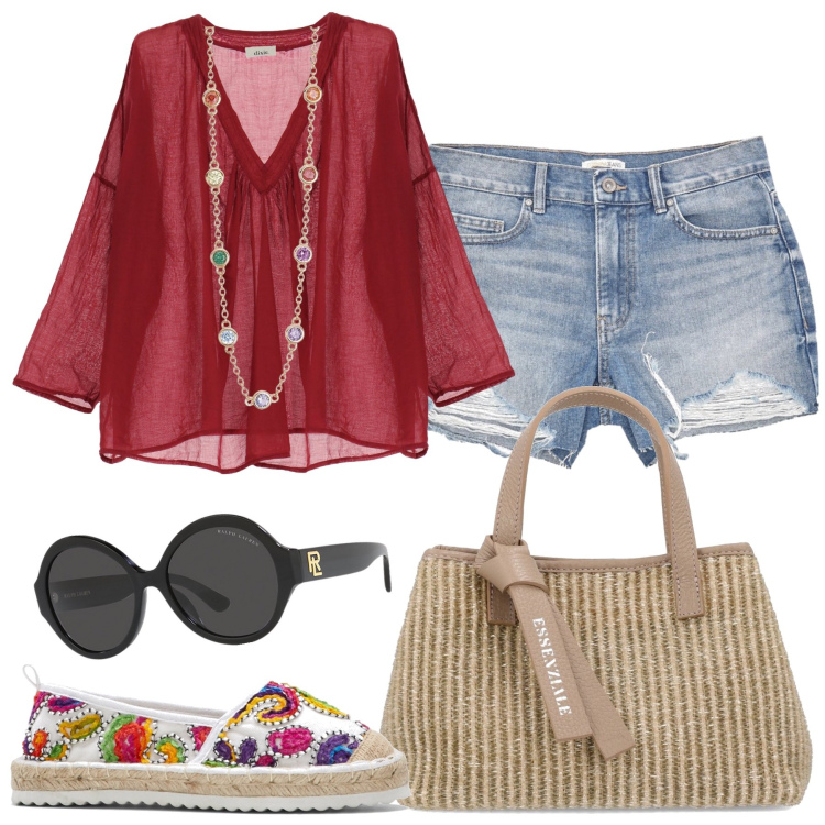 Outfit donna - Bordeaux e jeans. Stile Boho per Tutti i giorni. Abbinamento con espadrillas, collane, pantaloni corti, bluse, occhiali da sole, borse a mano.