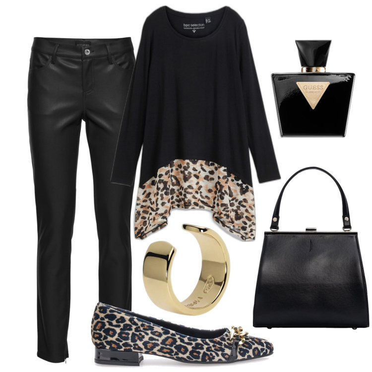 Outfit donna - Le ballerine animalier. Stile Trendy per Serata fuori. Abbinamento con maglieria, pantaloni, profumi, orecchini, ballerine, clutch.