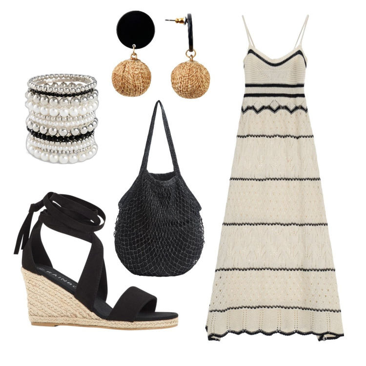 Outfit donna - Bianco e nero. Stile Etnico per Tutti i giorni. Abbinamento con braccialetti, orecchini, sandali, borse a tracolla, vestiti lunghi.