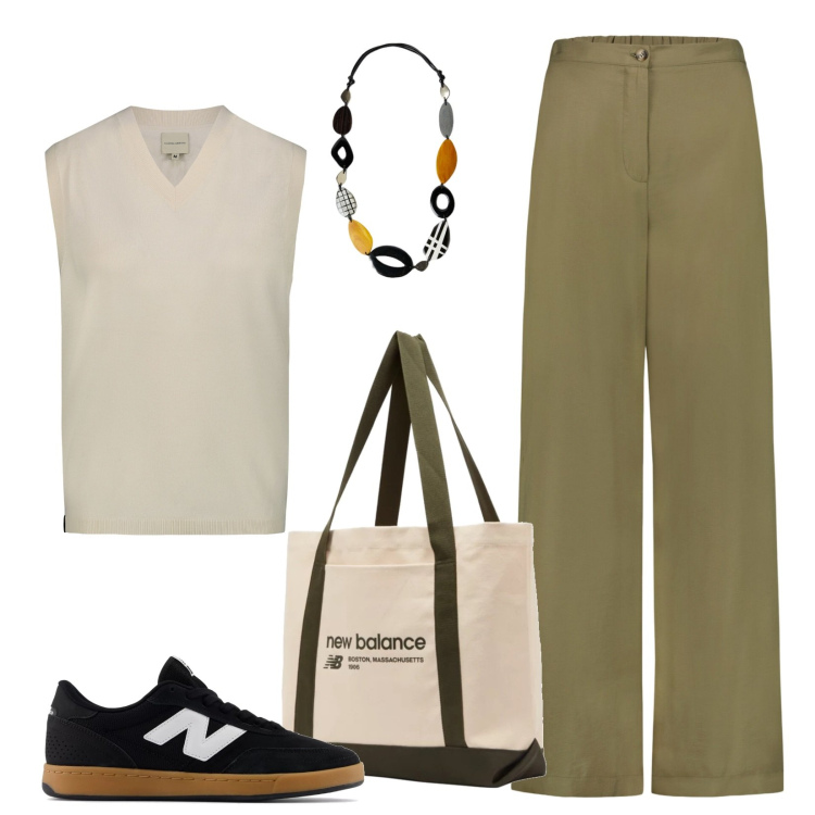 Outfit donna - Minimal ferie. Stile Minimal per Tutti i giorni. Abbinamento con sneakers, borse tote, maglieria, collane, pantaloni, canottiere.