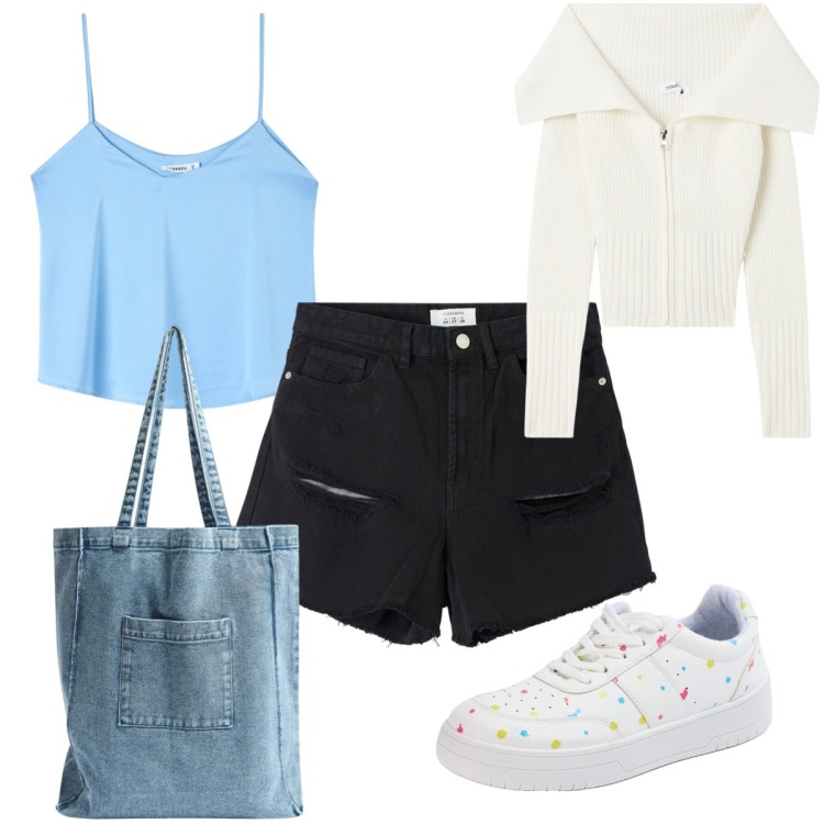 Outfit donna - Terranova : trendy a fine agosto. Stile Trendy per Tutti i giorni. Abbinamento con shorts, top, cardigans, sneakers, shopping bag.