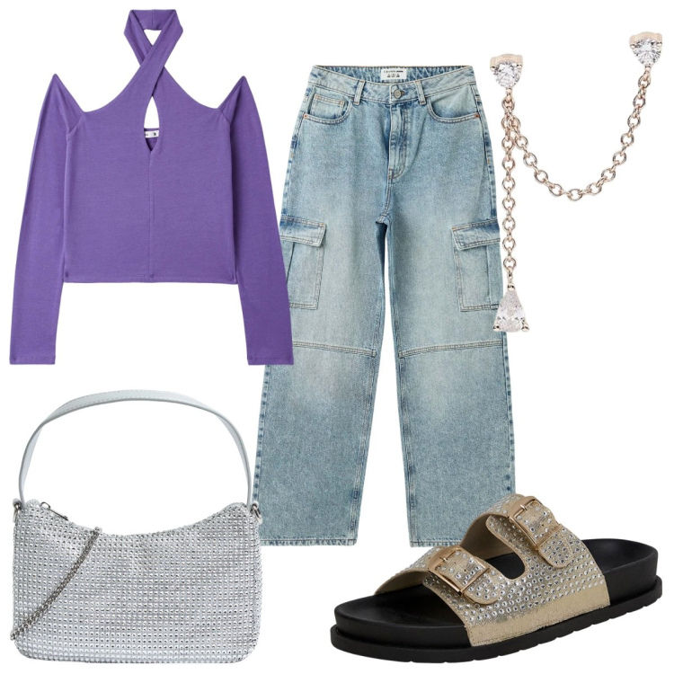 Outfit donna - Terranova : settembre casual chic. Stile Casual chic per Tutti i giorni. Abbinamento con ciabatte, t-shirt, borse a tracolla, jeans, orecchini.
