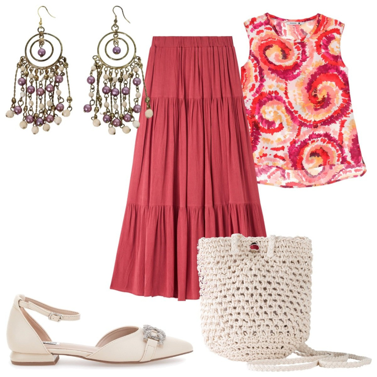 Outfit donna - Boho chic per l\'estate: in rosso. Stile Boho per Tutti i giorni. Abbinamento con borse a tracolla, gonne lunghe, canottiere, orecchini, ballerine.