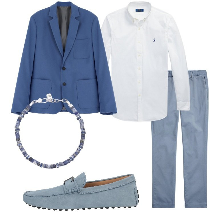 Outfit uomo - Cerimonia estiva: i must-have. Stile Business/Elegante per Cerimonia. Abbinamento con scarpe stringate, braccialetti, giacche, camicie, pantaloni chino.