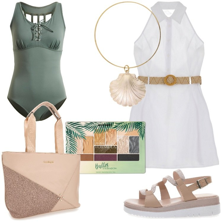 Outfit donna - Al mare in libertà. Stile Basic per Mare. Abbinamento con costumi interi, ombretti, vestiti corti, braccialetti, borse a spalla, sandali.