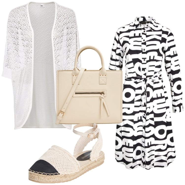 Outfit donna - Total look #1941081. Stile Trendy per Tutti i giorni. Abbinamento con cardigans, vestiti chemisier, espadrillas, shopping bag.