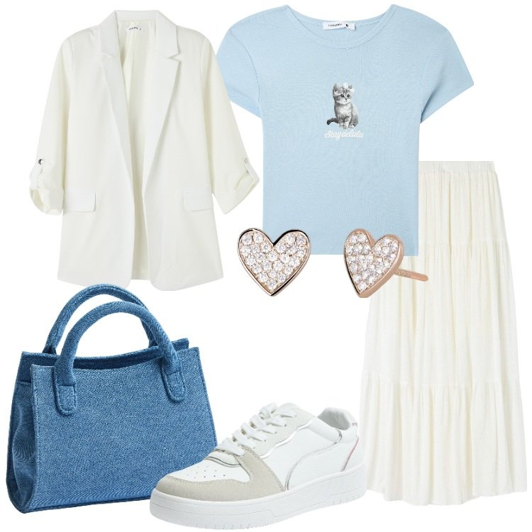 Outfit donna - Terranova New Romantic. Stile Romantica per Tutti i giorni. Abbinamento con t-shirt, gonne lunghe, blazer, sneakers, borse a tracolla, orecchini.