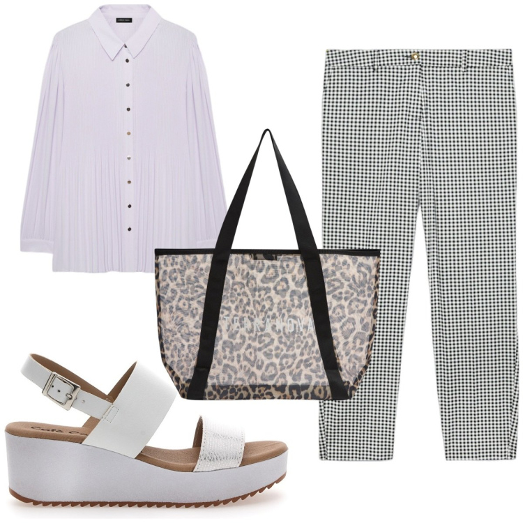Outfit donna - Total look #1941091. Stile Trendy per Tutti i giorni. Abbinamento con shopping bag, camicie, pantaloni skinny, zeppe.
