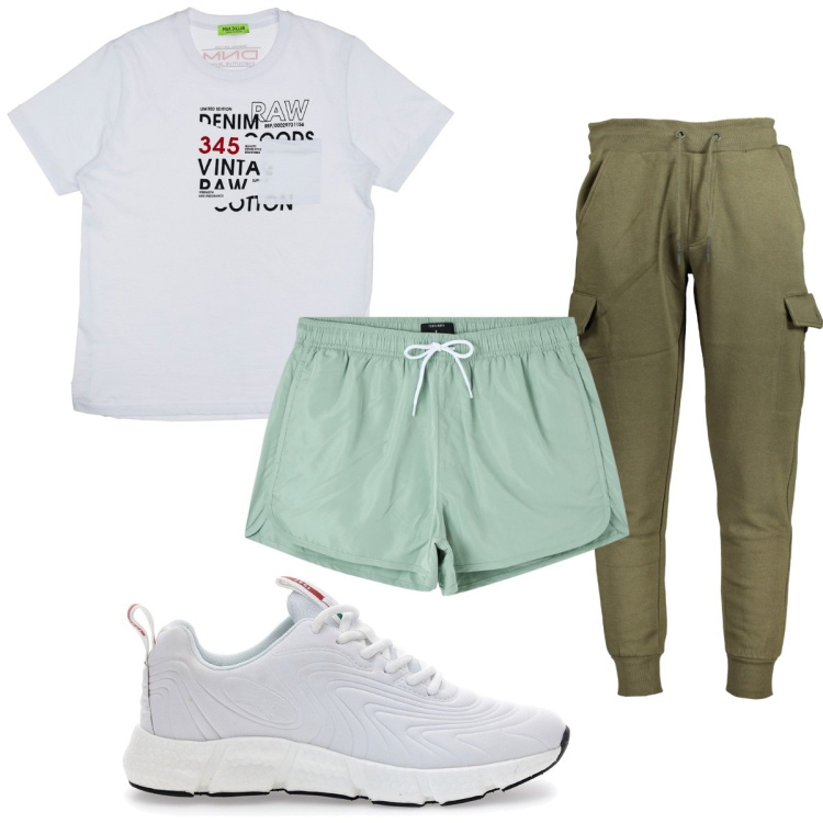 Outfit uomo - Total look #1941100. Stile Trendy per Mare. Abbinamento con costumi, t-shirt, pantaloni, sneakers.