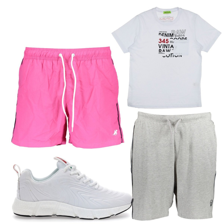 Outfit uomo - Total look #1941104. Stile Trendy per Mare. Abbinamento con t-shirt, pantaloni, costumi, sneakers.