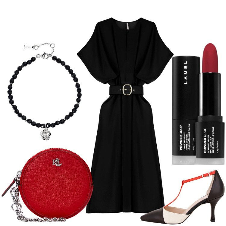 Outfit donna - Pazza per il rosso. Stile Chic per Serata fuori. Abbinamento con rossetti, braccialetti, vestiti midi/longuette, sandali col tacco, pochette.
