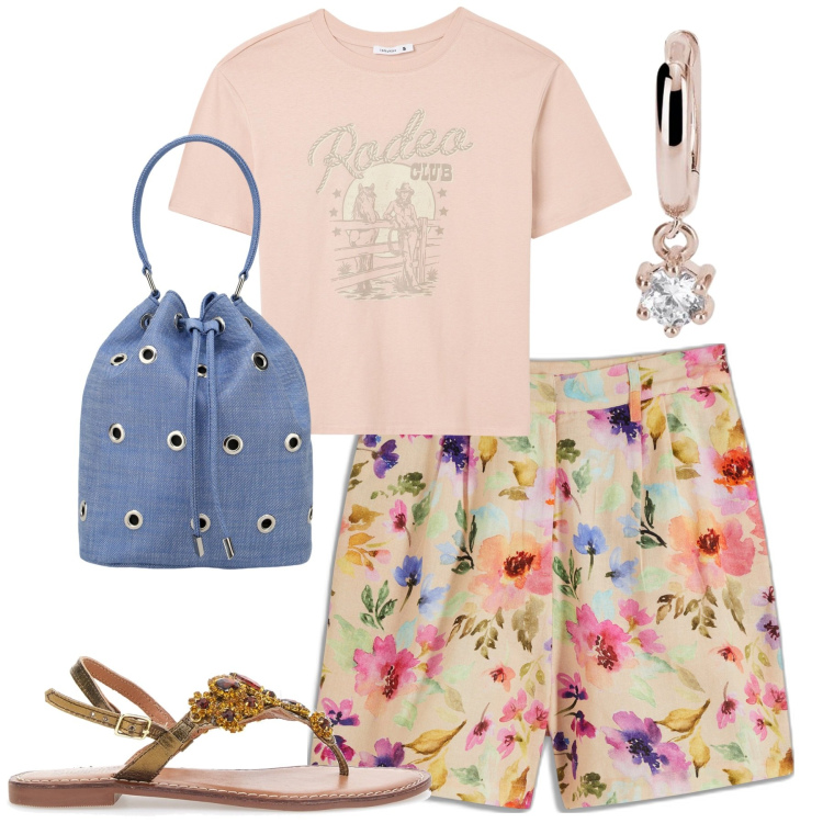 Outfit donna - Total look #1941150. Stile Casual chic per Tutti i giorni. Abbinamento con bermuda, orecchini, borse a secchiello, t-shirt, sandali gioiello.