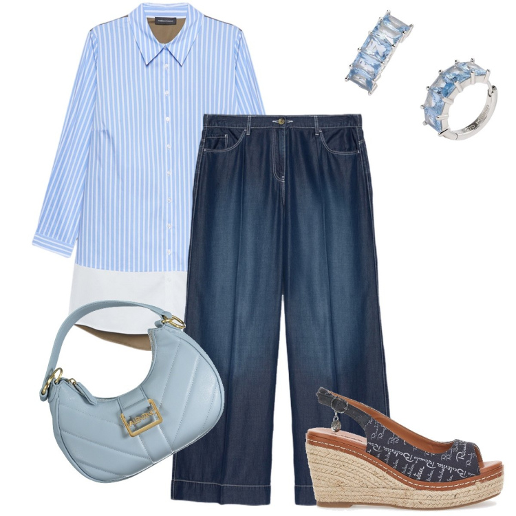 Outfit donna - Il camicione a righe. Stile Trendy per Ufficio. Abbinamento con orecchini, pantaloni, espadrillas, camicie, borse a spalla.