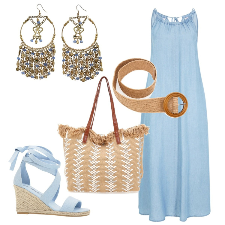 Outfit donna - Delicato boho. Stile Boho per Tutti i giorni. Abbinamento con vestiti, sandali, orecchini, borse a spalla, cinture.