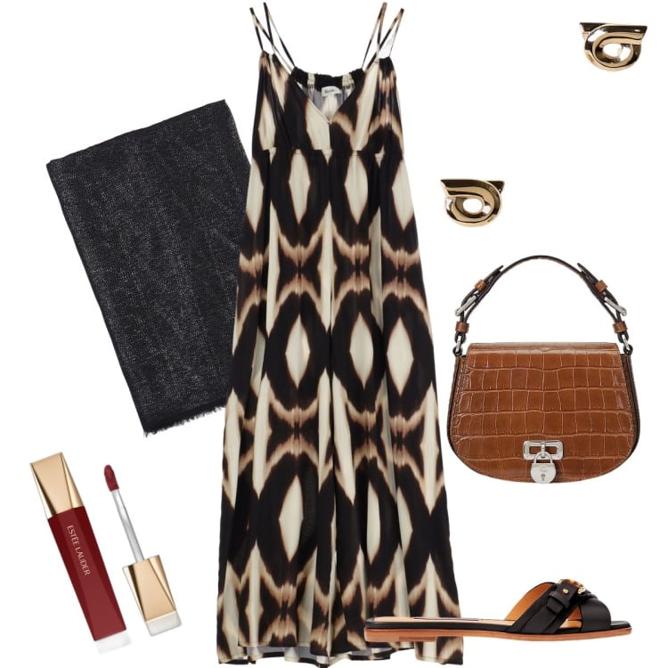 Outfit donna - Fantasia etnica. Stile Etnico per Serata fuori. Abbinamento con rossetti, tute, sandali col tacco, borse a tracolla, orecchini, sciarpe.
