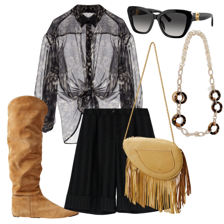 Outfit donna - Frange, suede e trasparenze. Stile Boho per Tutti i giorni. Abbinamento con shorts, camicie, occhiali da sole, stivali sopra il ginocchio, borse a tracolla, collane.