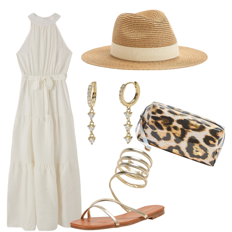 Outfit donna - Estate al mare. Stile Casual per Mare. Abbinamento con cappelli, vestiti lunghi, sandali, valigie, orecchini.