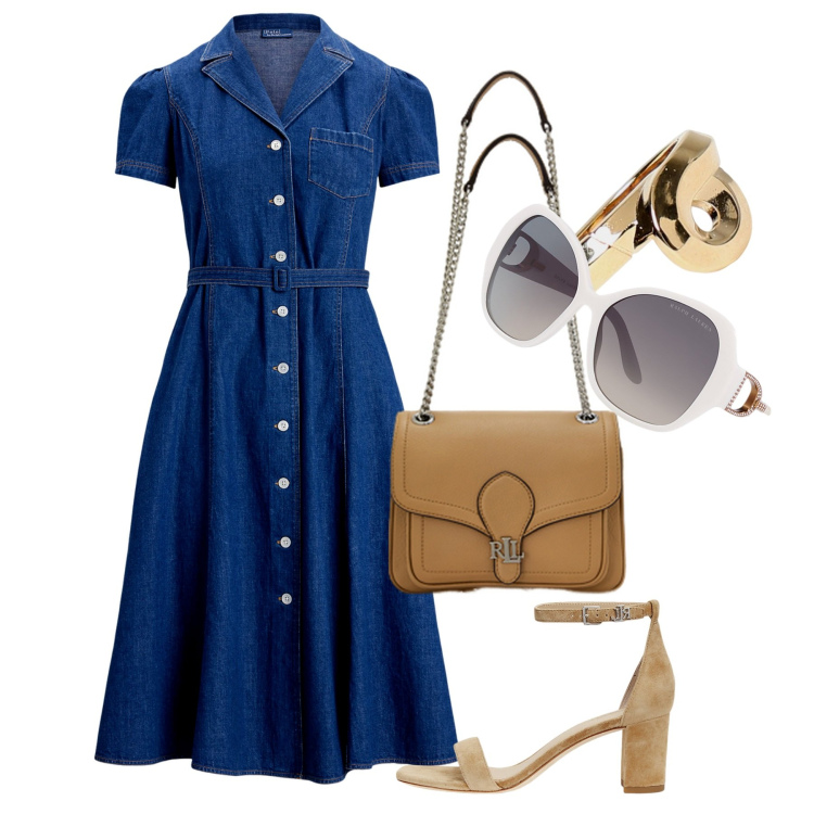 Outfit donna - Bon ton denim. Stile Bon Ton per Ufficio. Abbinamento con occhiali da sole, borse a spalla, vestiti, sandali col tacco, anelli.