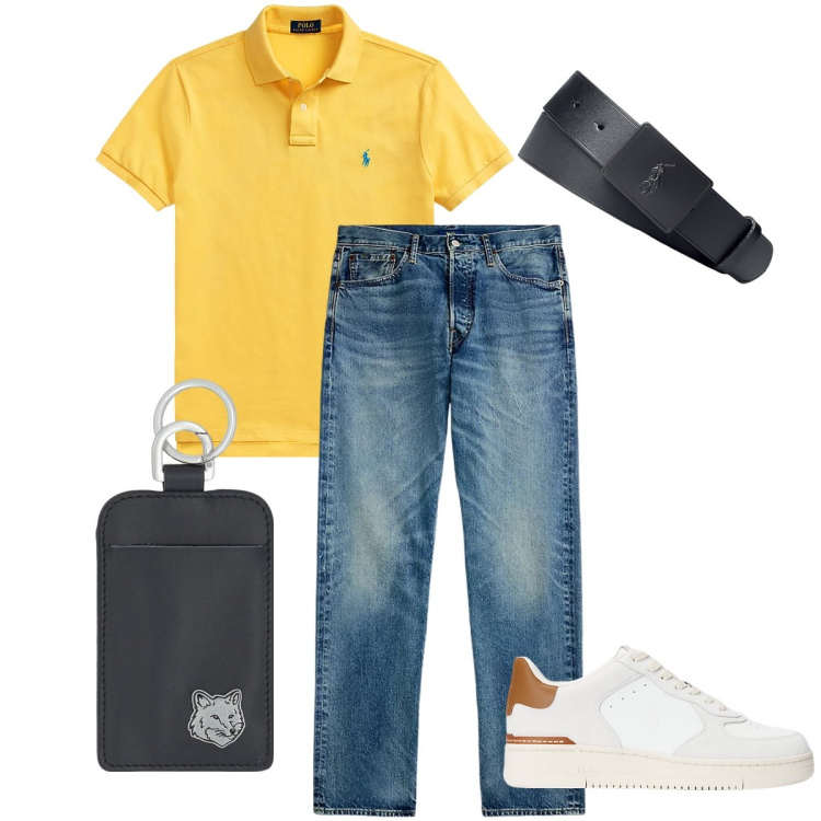 Outfit uomo - La polo gialla. Stile Urban per Ufficio. Abbinamento con polo, cinture, sneakers, jeans dritti, portafogli.