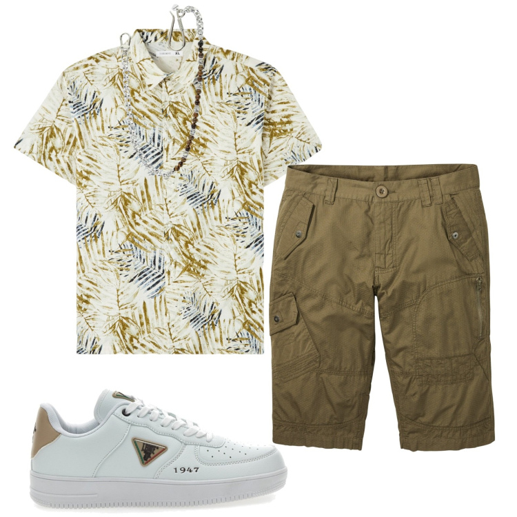 Outfit uomo - Si parte. Stile Casual per Tutti i giorni. Abbinamento con bermuda, camicie a manica corta, collane, sneakers.