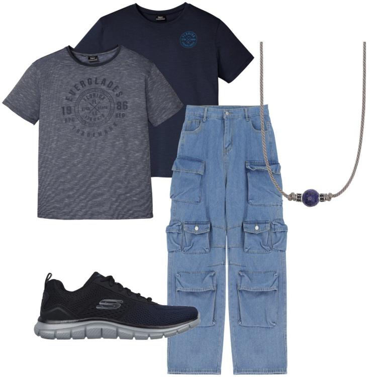 Outfit uomo - I jeans cargo. Stile Urban per Tutti i giorni. Abbinamento con t-shirt, collane, jeans, sneakers.