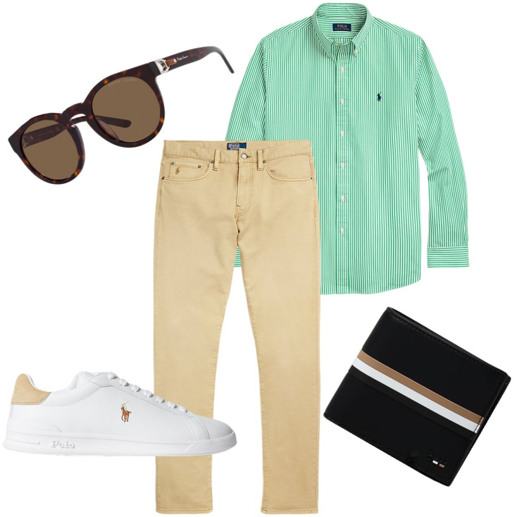 Outfit uomo - Serata estiva di fine agosto. Stile Casual per Serata speciale. Abbinamento con sneakers, occhiali da sole, pantaloni chino, camicie, portafogli.
