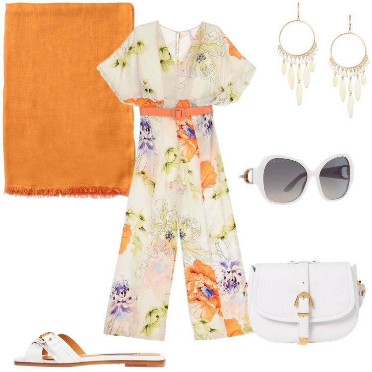 Outfit donna - Papaveri e fiordalisi. Stile Romantica per Tutti i giorni. Abbinamento con tute, occhiali da sole, sandali col tacco, orecchini, borse a tracolla, sciarpe.