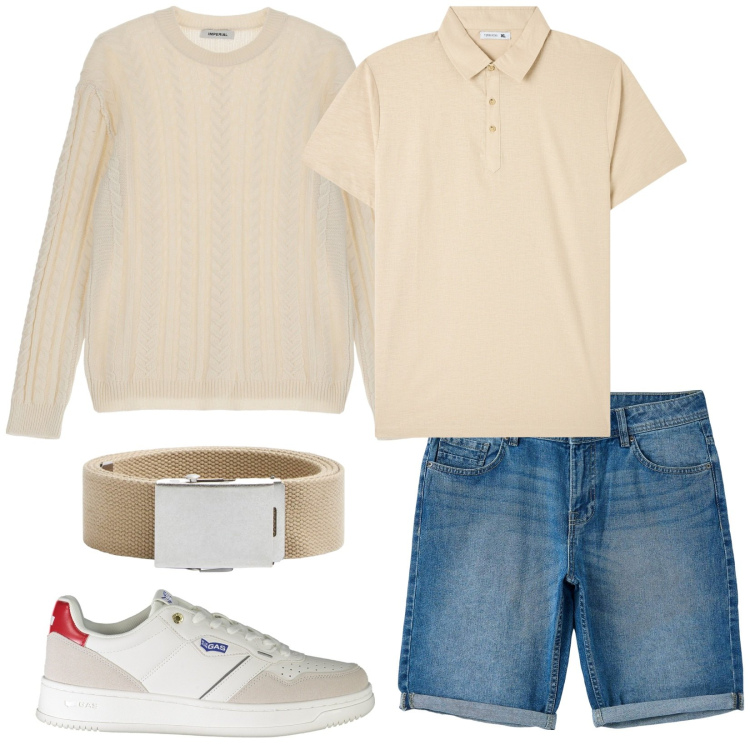 Outfit uomo - Il pull per la sera. Stile Casual per Tutti i giorni. Abbinamento con polo, bermuda, cinture, pullovers, sneakers.