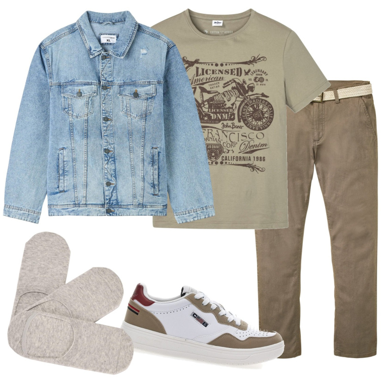Outfit uomo - Giubbino in denim per la sera. Stile Casual per Tutti i giorni. Abbinamento con t-shirt, pantaloni chino, giacche, calzini, sneakers.