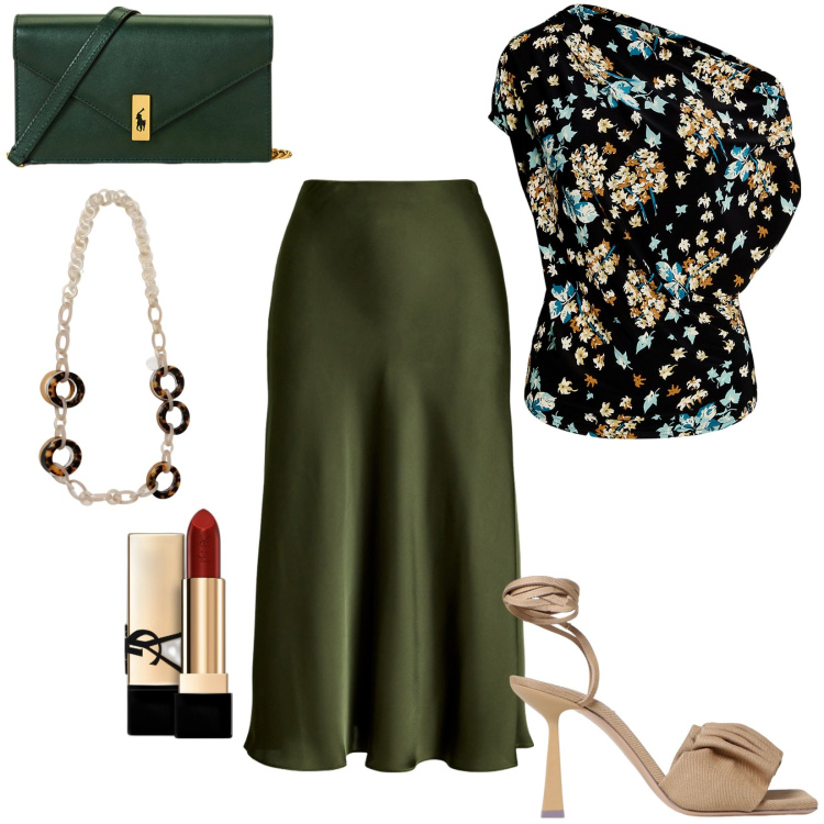Outfit donna - Total look #1941195. Stile Chic per Tutti i giorni. Abbinamento con rossetti, gonne, top, clutch, collane, sandali col tacco.