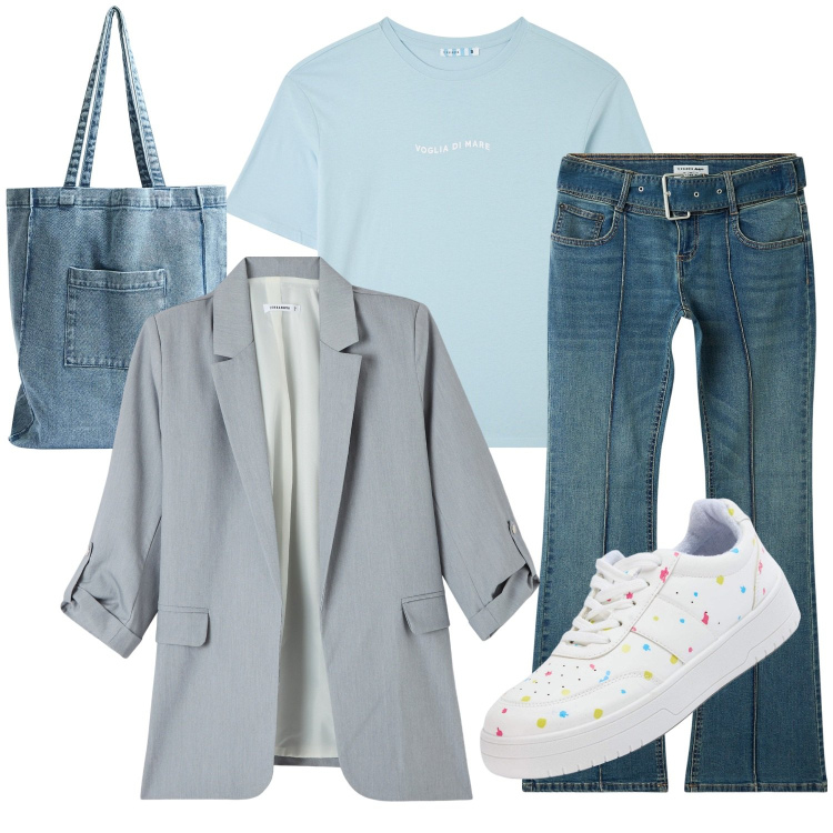 Outfit donna - Rientro in ufficio con Terranova. Stile Casual chic per Ufficio. Abbinamento con jeans a zampa, blazer, sneakers, t-shirt, shopping bag.