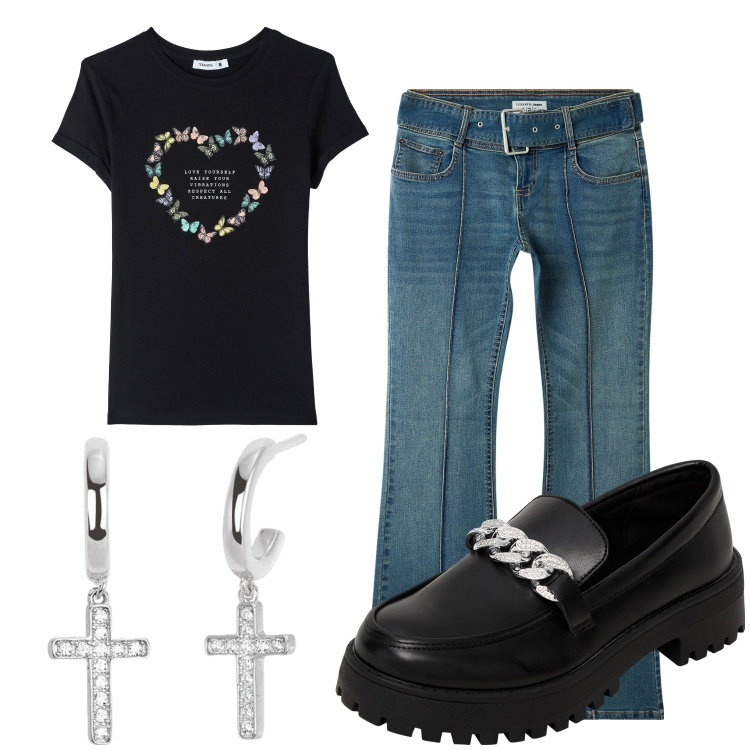 Outfit donna - Total look #1941213. Stile Casual per Tutti i giorni. Abbinamento con mocassini, jeans a zampa, t-shirt, orecchini.