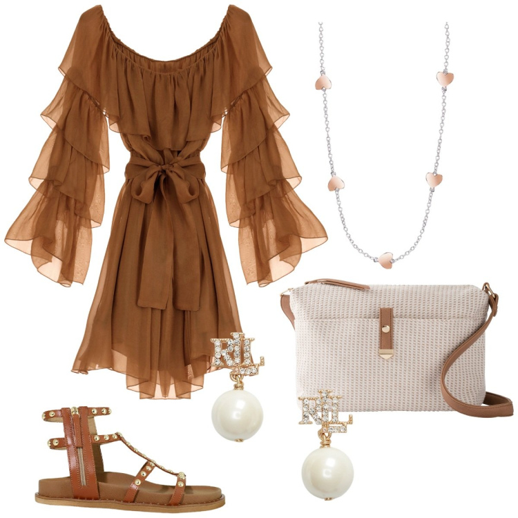 Outfit donna - Boho-chic per l\'estate. Stile Boho per Serata fuori. Abbinamento con borse a tracolla, collane, vestiti corti, sandali, orecchini.