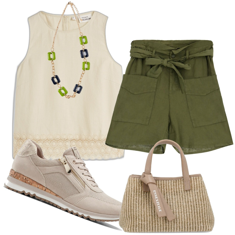Outfit donna - Safari shorts. Stile Military per Sport. Abbinamento con sneakers, top, shorts, borse a mano, ciondoli.