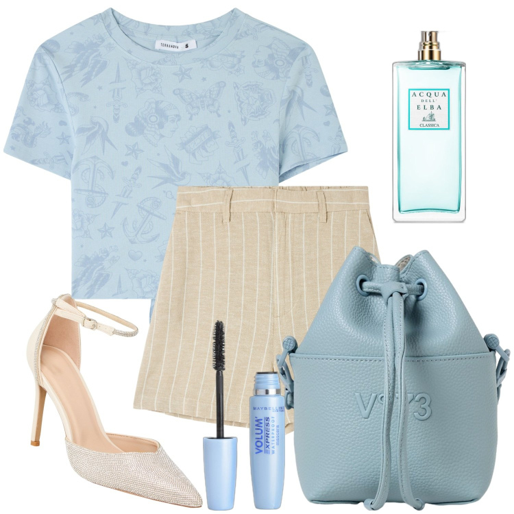Outfit donna - Aperitivo ad Ischia. Stile Casual chic per Serata fuori. Abbinamento con mascara, profumi, bermuda, décolleté, t-shirt, borse a spalla.