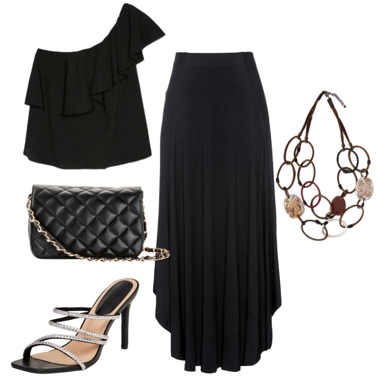 Outfit donna - Elegante sopra la 50. Stile Boho per Serata fuori. Abbinamento con gonne, borse a tracolla, sandali col tacco, top, collane.
