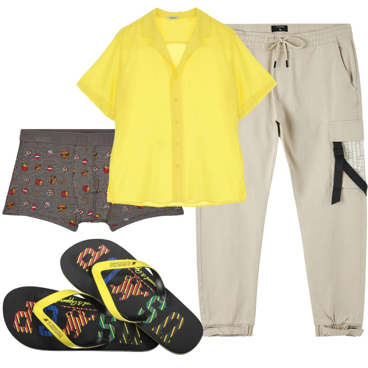 Outfit uomo - Sere di agosto. Stile Casual Abbinamento con pantaloni cargo, boxer, camicie a manica corta, sandali.