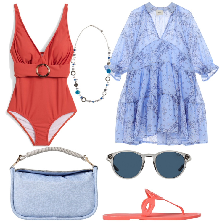 Outfit donna - Aperitivo in spiaggia. Stile Chic per Mare. Abbinamento con costumi interi, vestiti corti, occhiali da sole, borse a spalla, ciabatte, ciondoli.