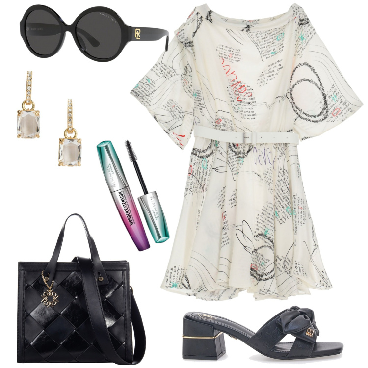 Outfit donna - Giro in centro. Stile Casual per Tutti i giorni. Abbinamento con mascara, borse a mano, vestiti corti, occhiali da sole, orecchini, ciabatte.