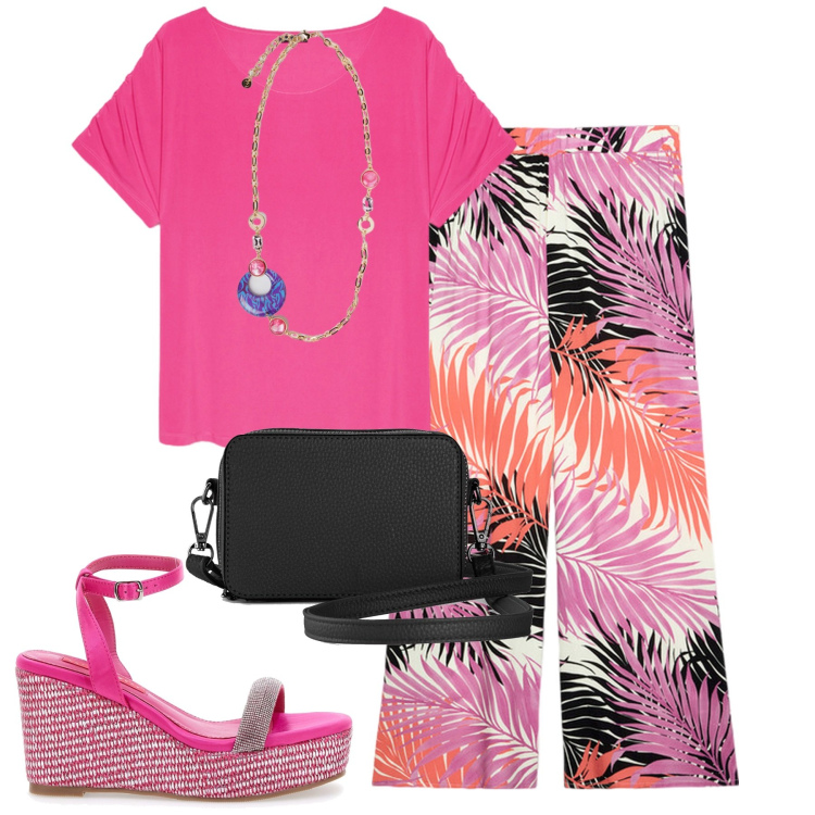 Outfit donna - Fiorella Rubino. Stile Urban per Tutti i giorni. Abbinamento con borse a tracolla, t-shirt, pantaloni a palazzo, ciondoli, sandali col tacco.