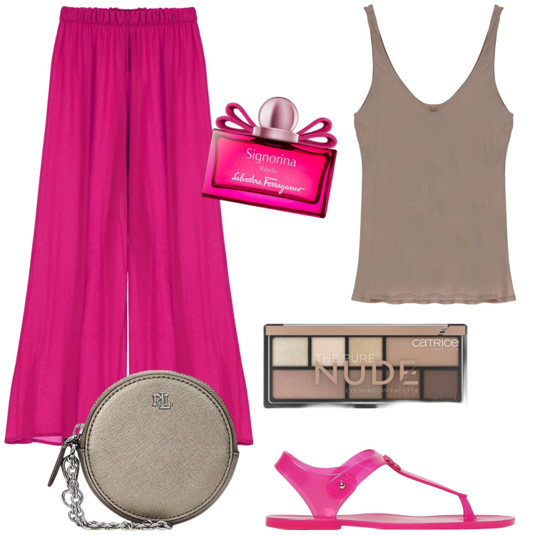 Outfit donna - Sera al mare. Stile Glamour per Serata fuori. Abbinamento con ombretti, profumi, pochette, pantaloni a palazzo, canottiere, sandali.