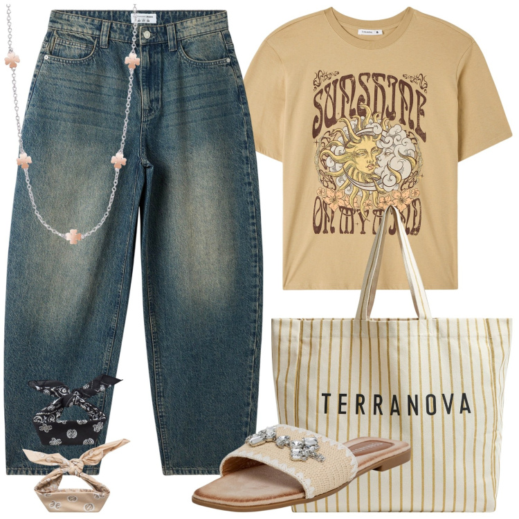 Outfit donna - Ritorno alla routine. Stile Casual per Tutti i giorni. Abbinamento con ciabatte, jeans, t-shirt, fasce per capelli, borse tote, collane.