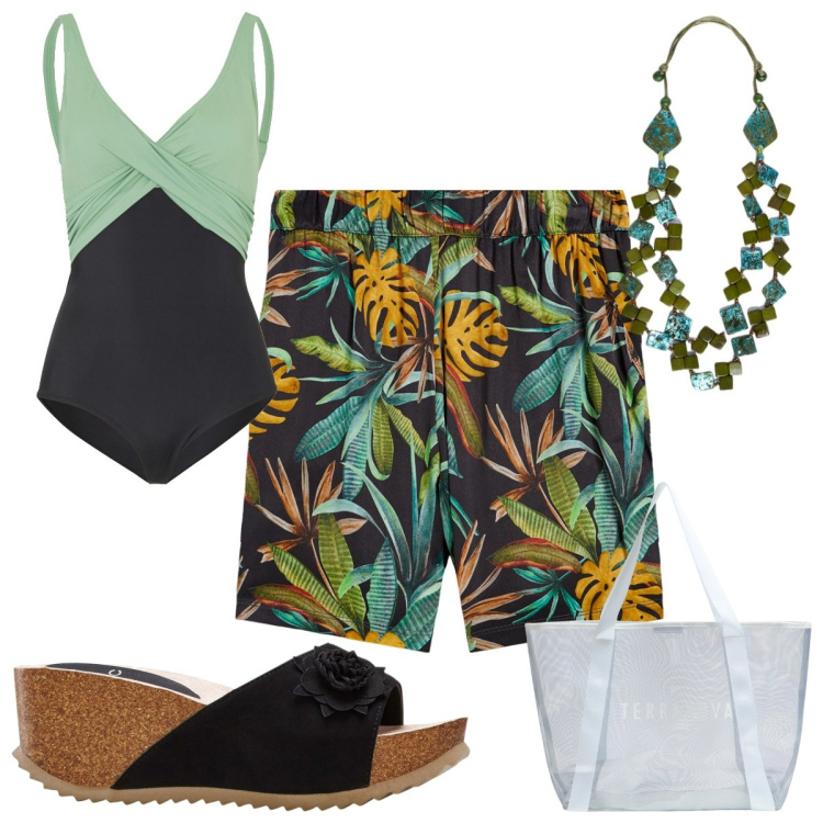 Outfit donna - Gli shorts boho. Stile Boho per Mare. Abbinamento con costumi interi, sandali, shopping bag, pantaloni, collane.