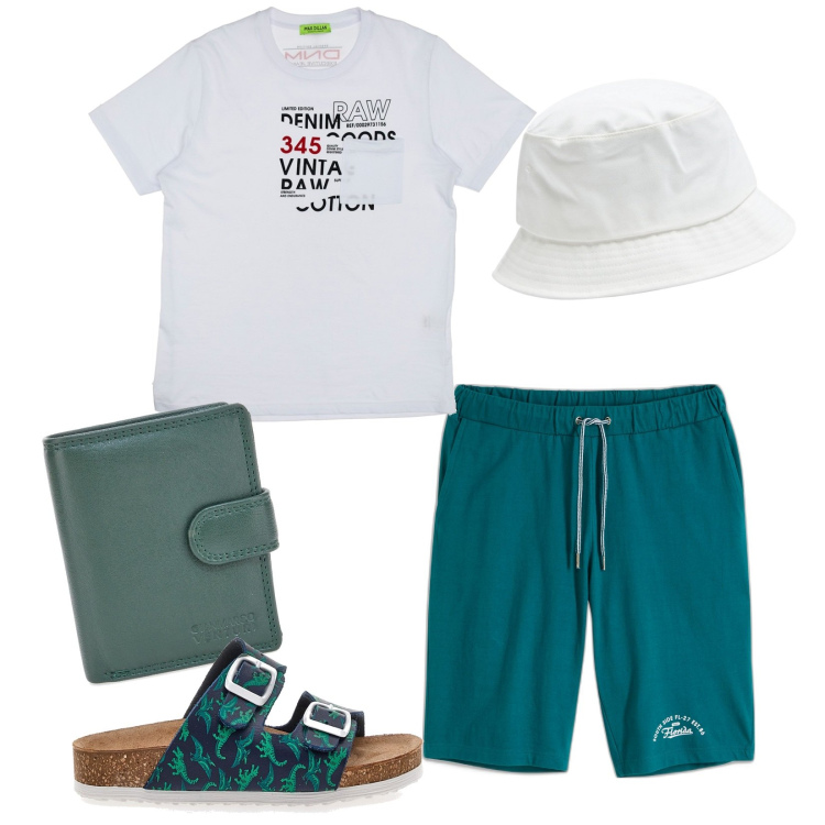 Outfit uomo - Al bar della spiaggia. Stile Casual per Tutti i giorni. Abbinamento con bermuda, cappelli, t-shirt, sandali, portafogli.