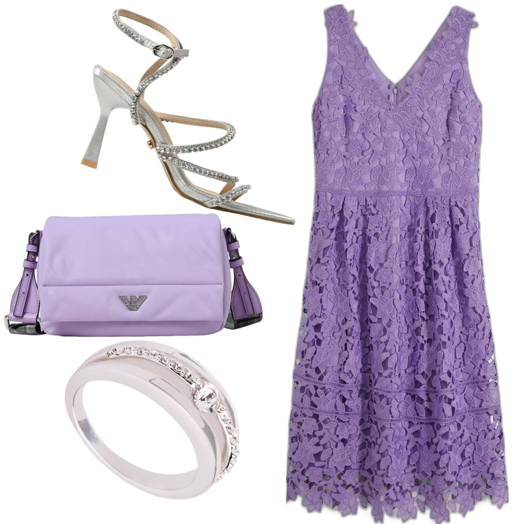 Outfit donna - Vestitino per la serata. Stile Boho per Serata fuori. Abbinamento con vestiti, anelli, borse a spalla, sandali col tacco.