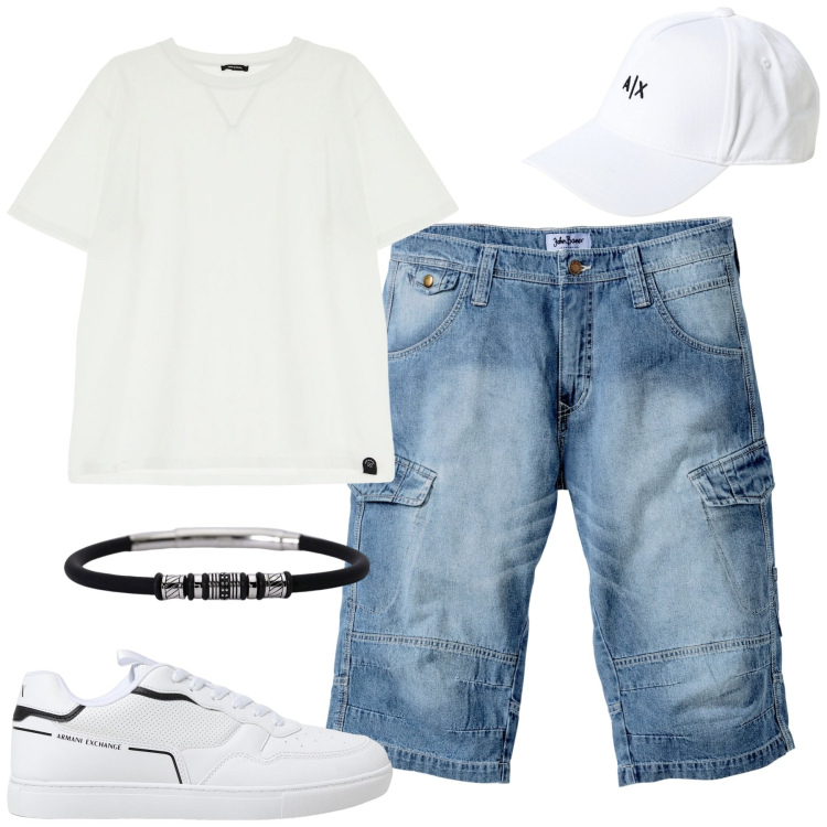 Outfit uomo - In vacanza. Stile Casual per Tutti i giorni. Abbinamento con bermuda, braccialetti, t-shirt, cappelli, sneakers.