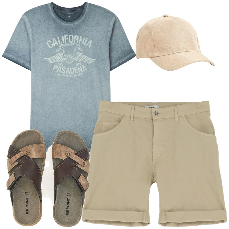 Outfit uomo - In vacanza. Stile Casual per Tutti i giorni. Abbinamento con t-shirt, cappelli, shorts, sandali.