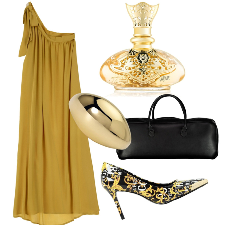 Outfit donna - Monospalla ocra. Stile Sexy per Serata fuori. Abbinamento con profumi, anelli, vestiti lunghi, scarpe col tacco, borse a mano.