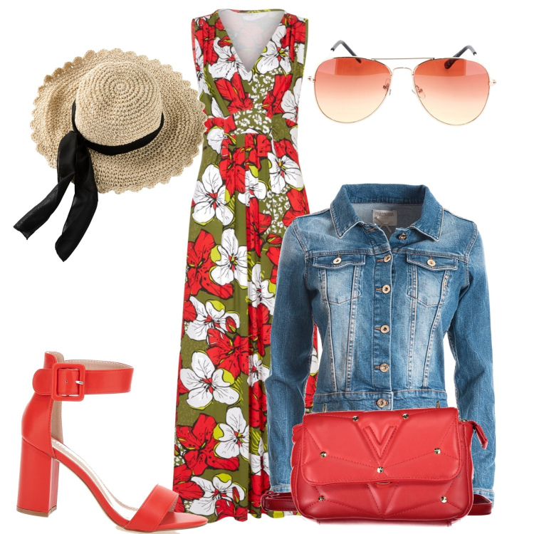 Outfit donna - Agosto. Stile Romantica per Tutti i giorni. Abbinamento con cappelli, vestiti, blazer, sandali col tacco, borse a tracolla, occhiali da sole.